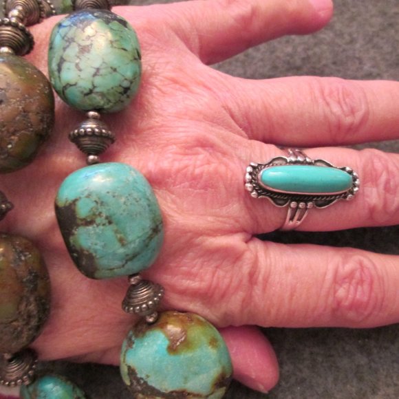 Native American 925 Sterling & Turquoise Elongated Oval Ring, Turquoise Ring - Picture 10 of 13
